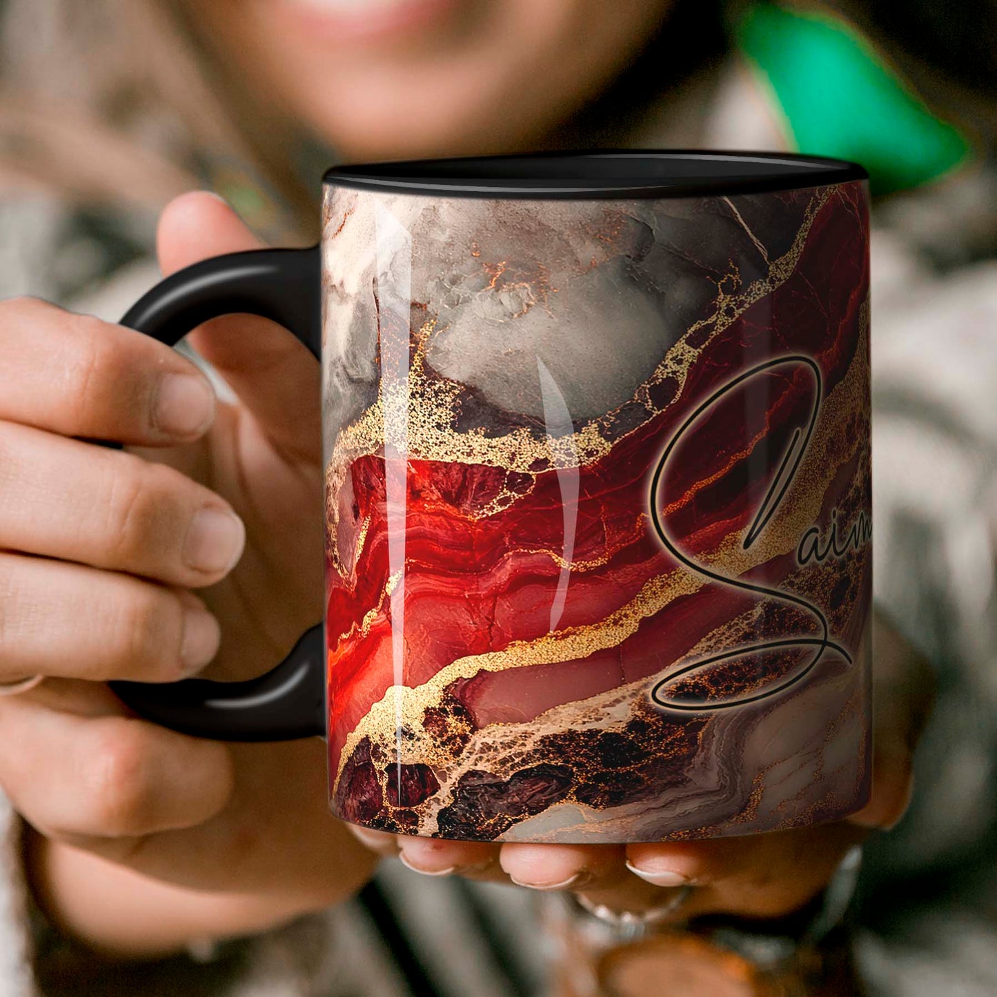 Signature Mug - Elegant Red & Gold Marble Print - Personalized