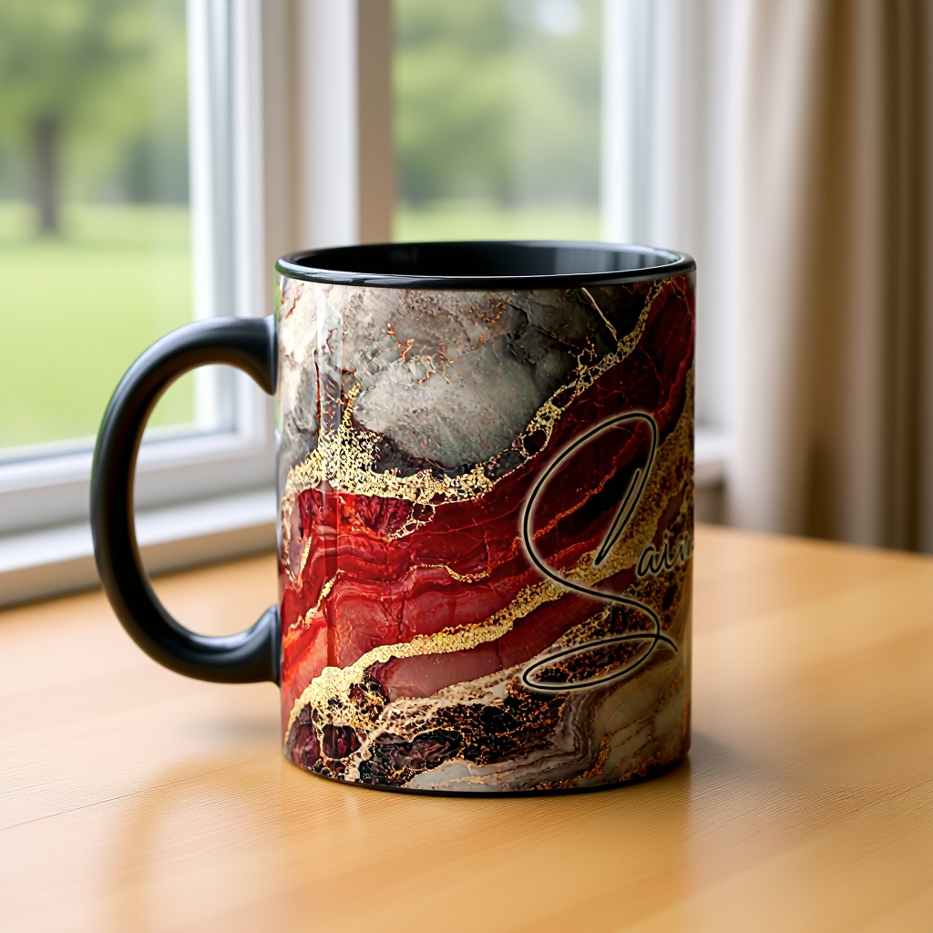 Descriptive Image of Signature Mug  - Elegant Red & Gold Marble Print - Personalized