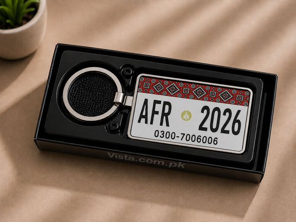 Sindh Ajrak Car Number Plate Keychain – Double-Sided | Metal